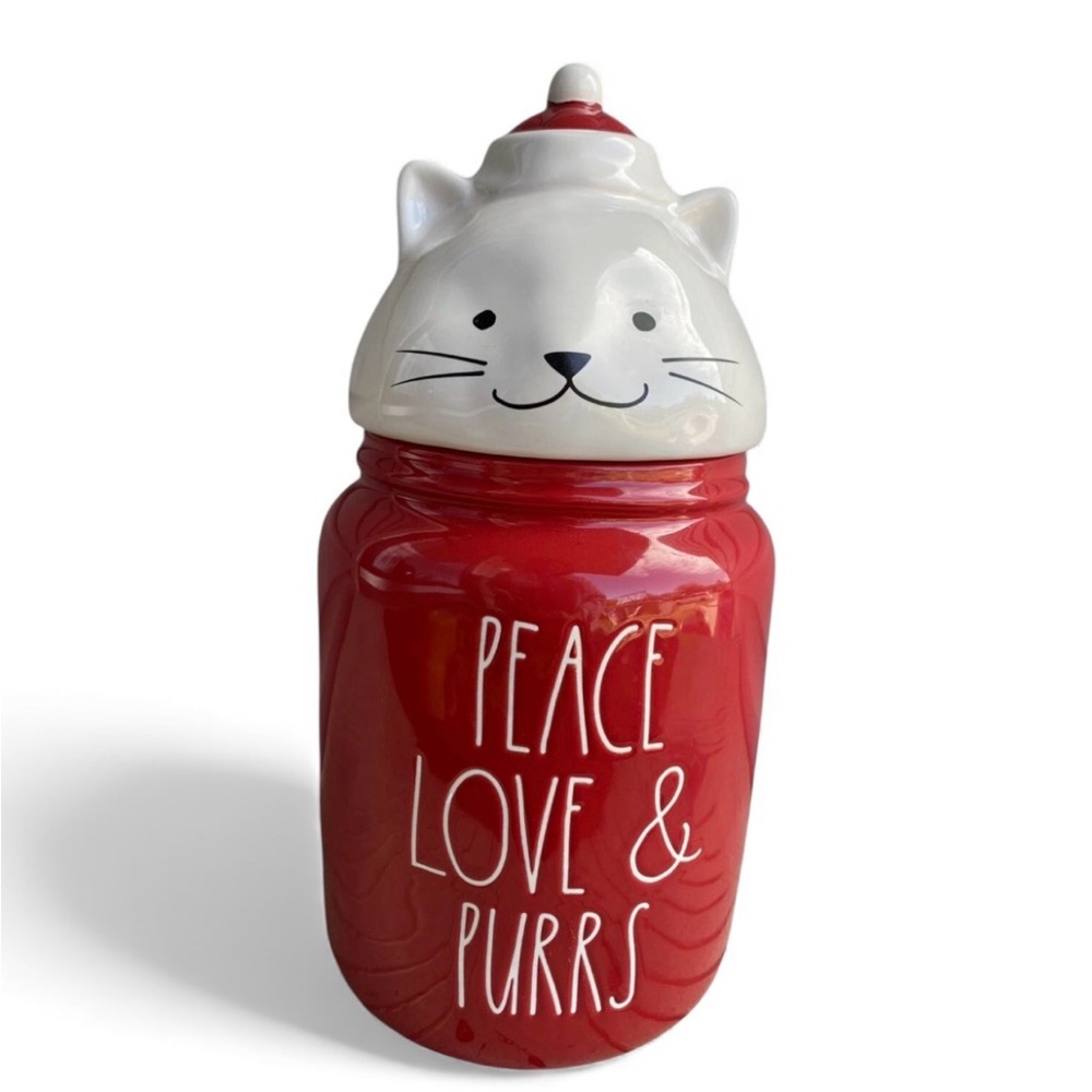 NEW Rae Dunn Peace Love & Purrs Canister Cat Treat Jar Christmas Holiday Decor